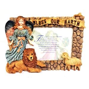 Vintage Holiday Frame Angel Sheep and Lion Bless Our Earth Poem 3-D Carved Resin